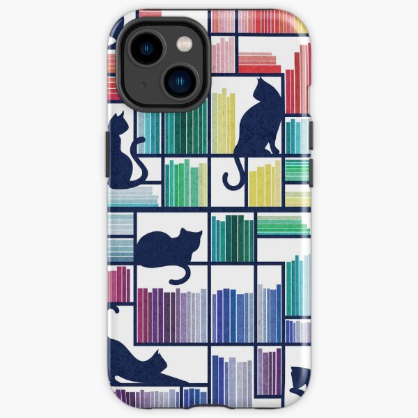Rainbow bookshelf // white background navy blue shelf and library cats iPhone Tough Case