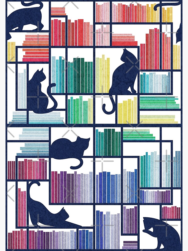 Disover Rainbow bookshelf // white background navy blue shelf and library cats Premium Matte Vertical Poster