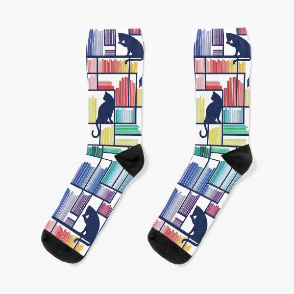 Rainbow bookshelf // white background navy blue shelf and library cats Socks