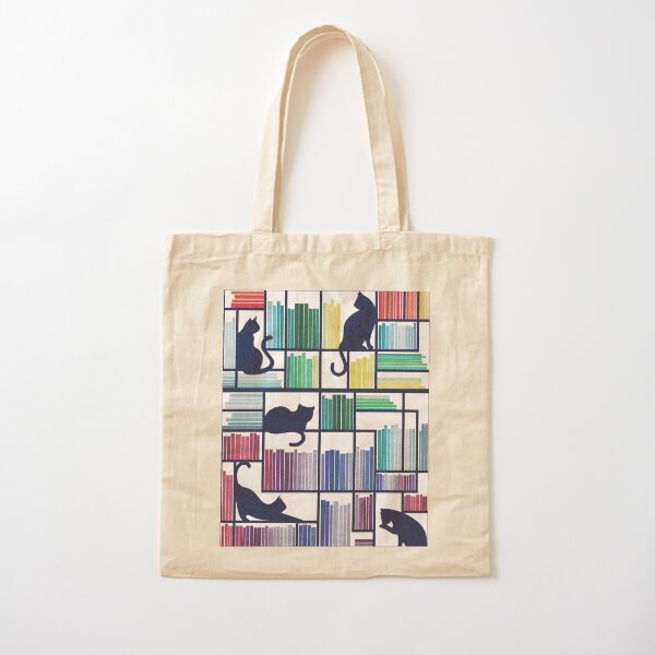 Rainbow bookshelf // white background navy blue shelf and library cats Cotton Tote Bag