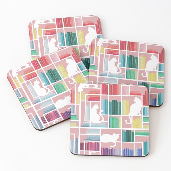 Item preview, Rainbow bookshelf // blush pink background white shelf and library cats designed and sold by SelmaCardoso.