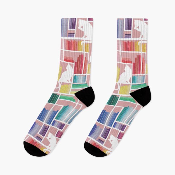 Item preview, Rainbow bookshelf // blush pink background white shelf and library cats designed and sold by SelmaCardoso.