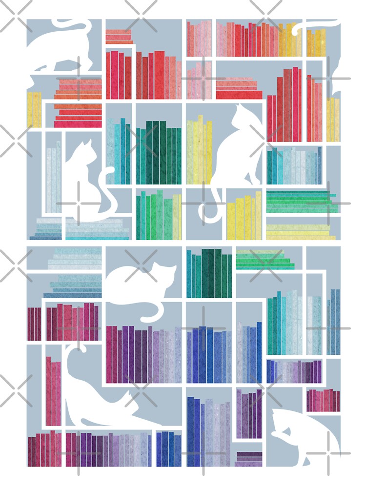 Disover Rainbow bookshelf // pastel blue background white shelf and library cats Onesie