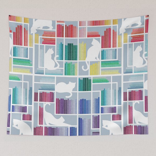 Item preview, Rainbow bookshelf // pastel blue background white shelf and library cats designed and sold by SelmaCardoso.