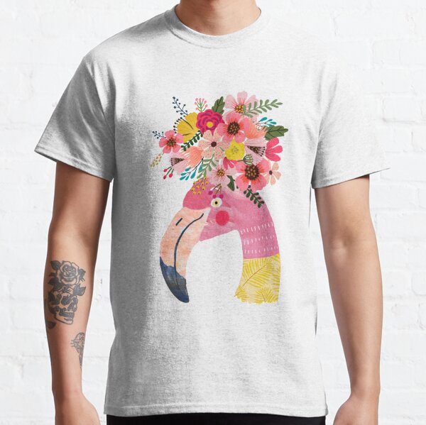 Cute Flamingo in pink and yellow with flowers on head Classic T-Shirt