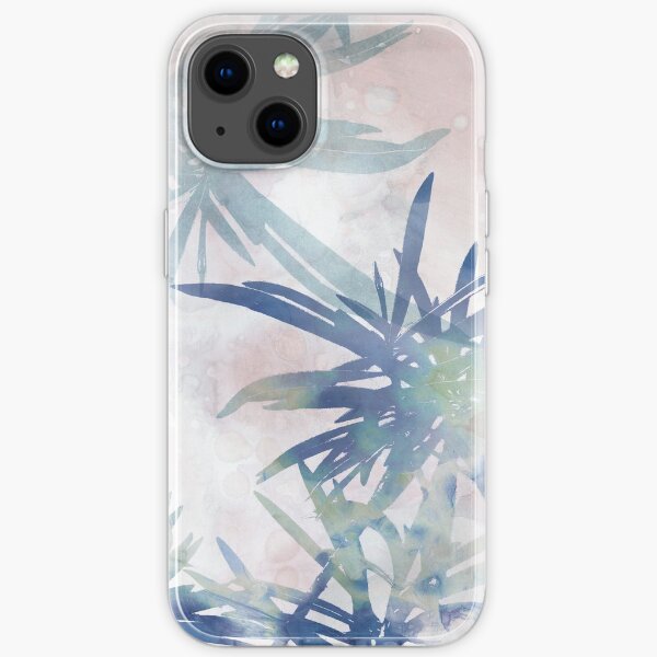 Navy Blue and Blush Pink Palm Leaf Watercolor Painting iPhone Soft Case