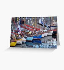 Bows of colourful boats and reflections in harbour, Brest 2008 Maritime Festival, France Greeting Card
