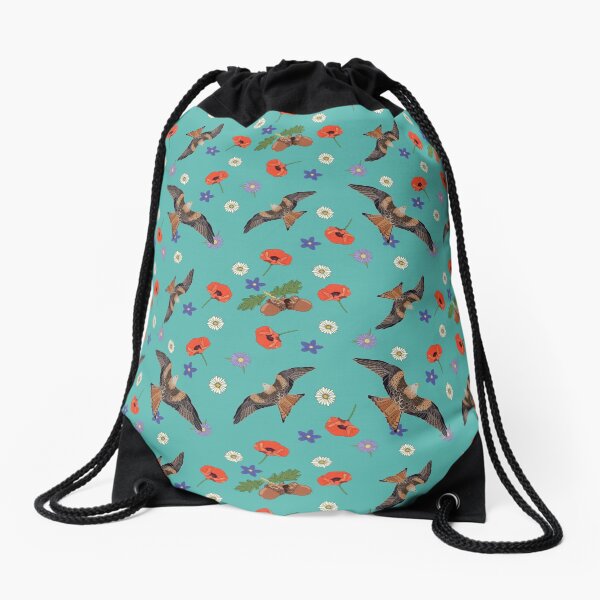 Alan's pattern, Featuring Red kites, poppies, daisies, lilacs and acorns. Drawstring Bag