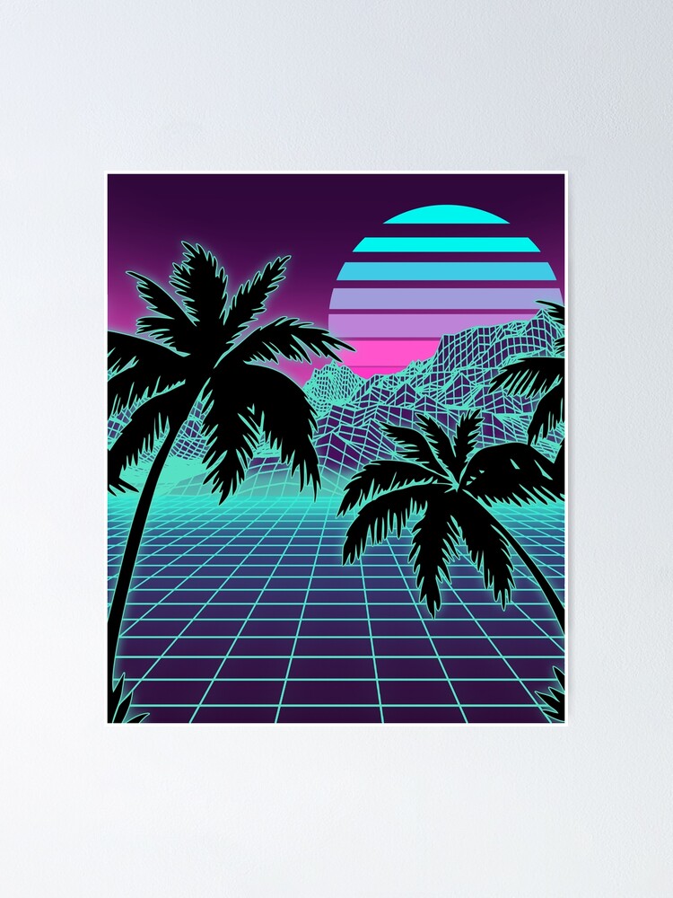 Retro 80s Vaporwave Sunset Sunrise With Outrun Style Grid Print