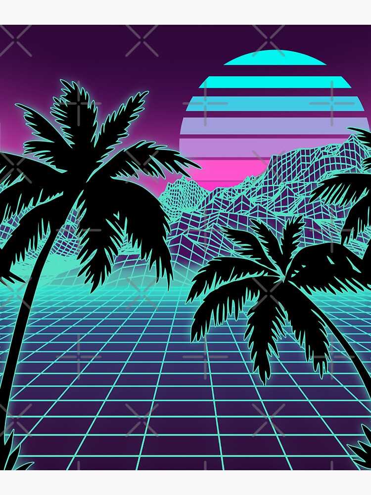 Retro 80s Vaporwave Sunset Sunrise With Outrun Style Grid Print