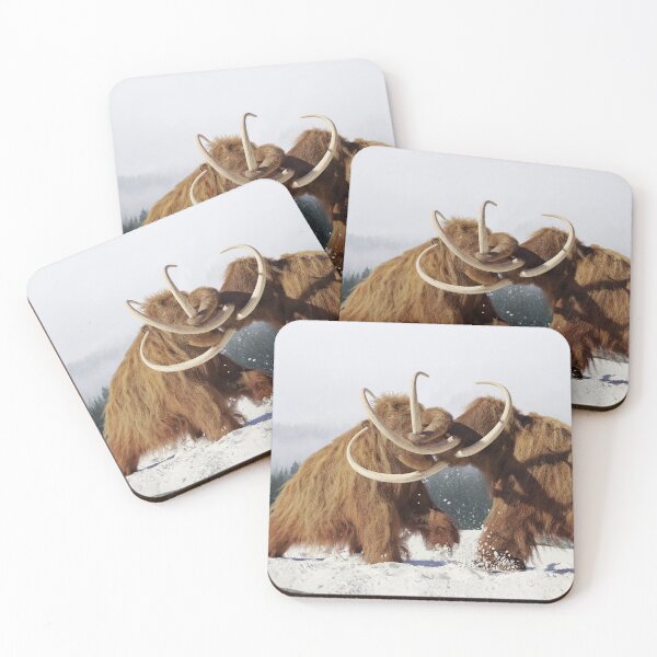 Item preview, woolly mammoth bulls fighting, prehistoric ice age mammals in snow covered landscape designed and sold by DottedYeti.