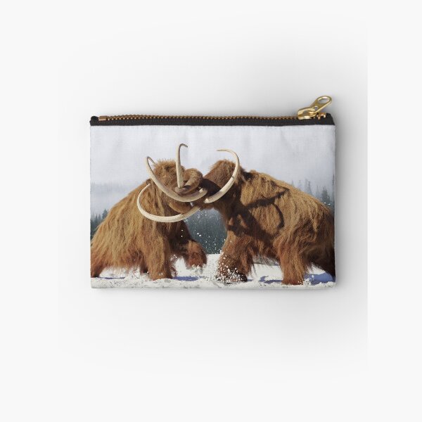 Item preview, woolly mammoth bulls fighting, prehistoric ice age mammals in snow covered landscape designed and sold by DottedYeti.