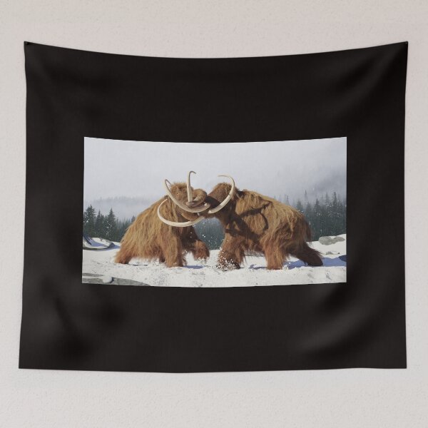 Item preview, woolly mammoth bulls fighting, prehistoric ice age mammals in snow covered landscape designed and sold by DottedYeti.
