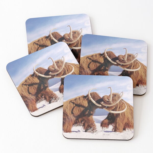 Item preview, woolly mammoth bulls fighting, prehistoric ice age mammals in snow covered landscape designed and sold by DottedYeti.