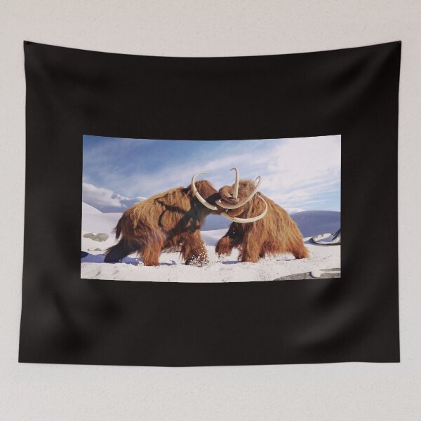 Item preview, woolly mammoth bulls fighting, prehistoric ice age mammals in snow covered landscape designed and sold by DottedYeti.
