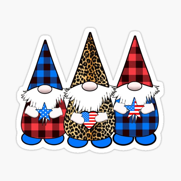 3 Patriotic Gnomes American Flag Red White Blue USA Gingham Plaid  Sticker