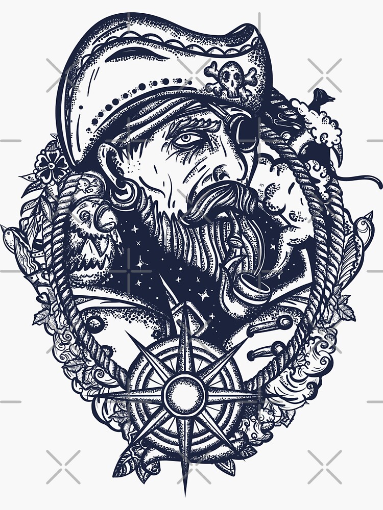 Old sea wolf pirate and ships. Marine adventure vintage t-shirt design.  Tattoo style. Cartoon character. Symbol of ocean adventure, treasure  island. Crime sailor man portrait Stock Vector
