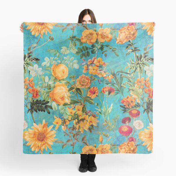 Turquoise Vintage Botanical Summer Garden Scarf