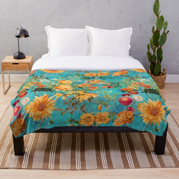 Turquoise Vintage Botanical Summer Garden Throw Blanket