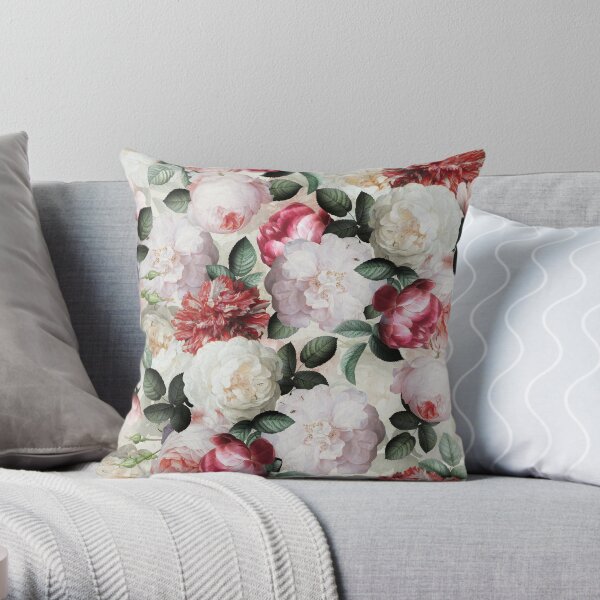 Antique Jan Davidsz. de Heem Lush Roses Flowers On Cream Pattern Throw Pillow