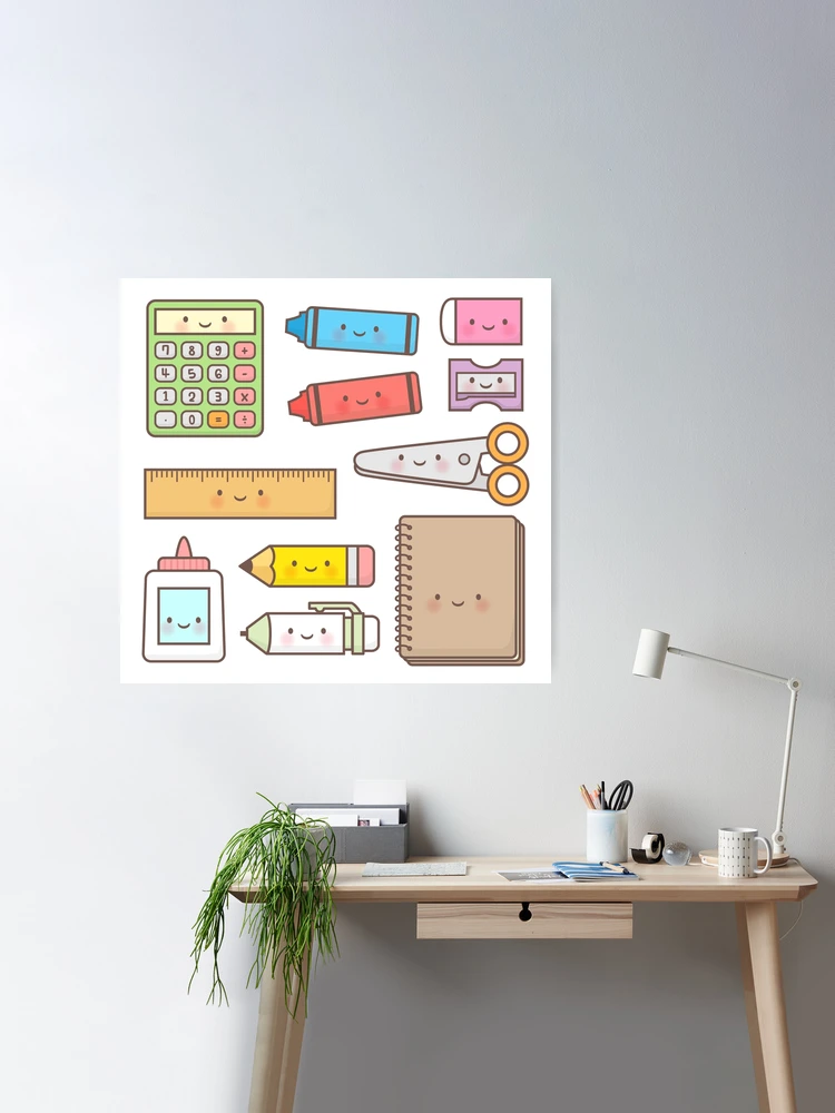 Kawaii Back to School Supplies Doodle Pattern Poster for Sale by