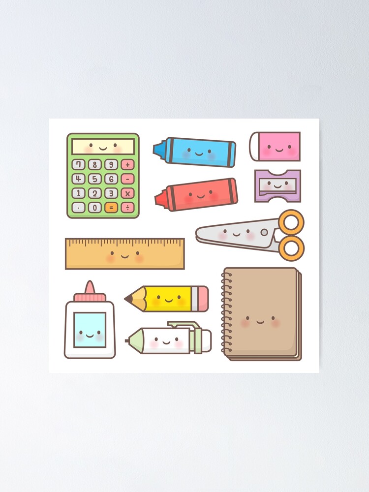 Kawaii Back to School Supplies Doodle Pattern Poster for Sale by