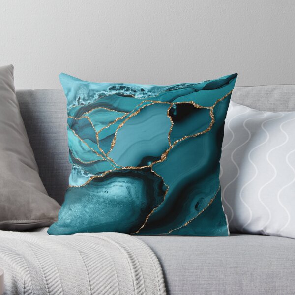 Teal And Gold Faux Marble Landscape Waves Throw Pillow