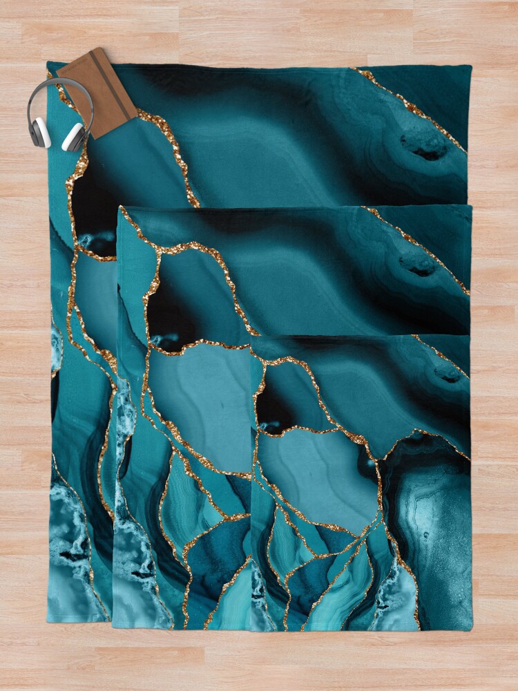 Thumbnail 5 of 6, Throw Blanket, Teal And Gold Faux Marble Landscape Waves designed and sold by MysticMarble.
