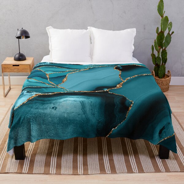 Teal And Gold Faux Marble Landscape Waves Throw Blanket