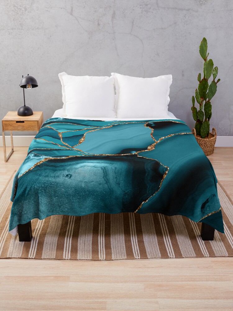 Thumbnail 1 of 6, Throw Blanket, Teal And Gold Faux Marble Landscape Waves designed and sold by MysticMarble.