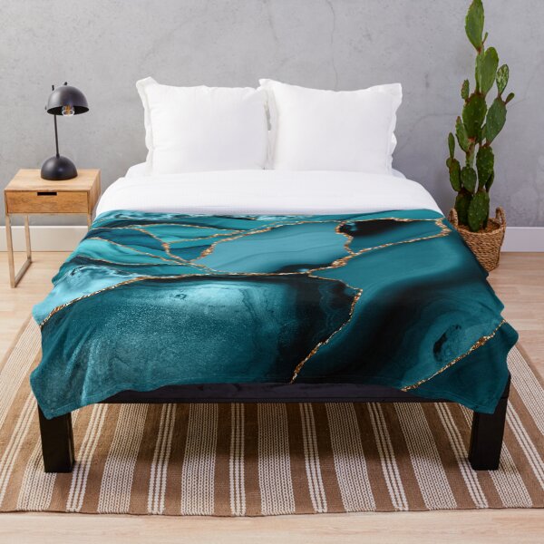 Teal And Gold Marble Landscape Waves Throw Blanket