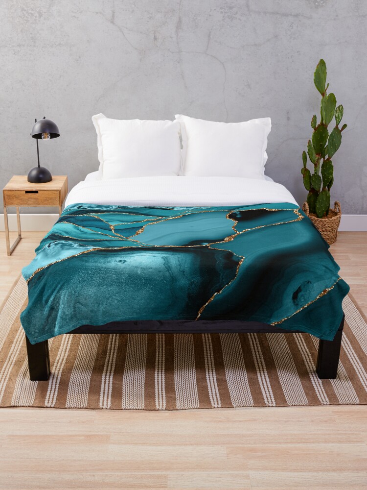 Teal And Gold Faux Marble Landscape Waves Throw Blanket