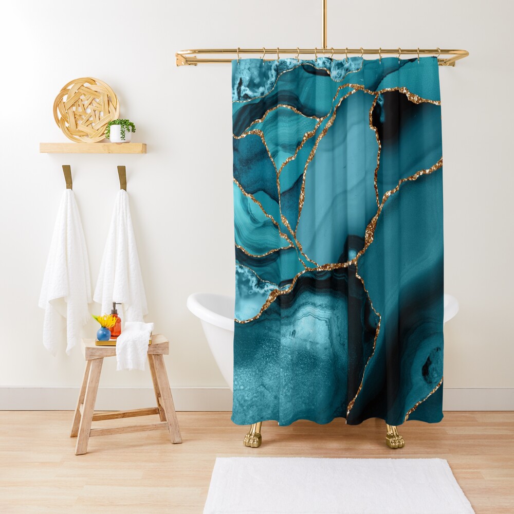 Teal And Gold Marble Landscape Waves Shower Curtain
