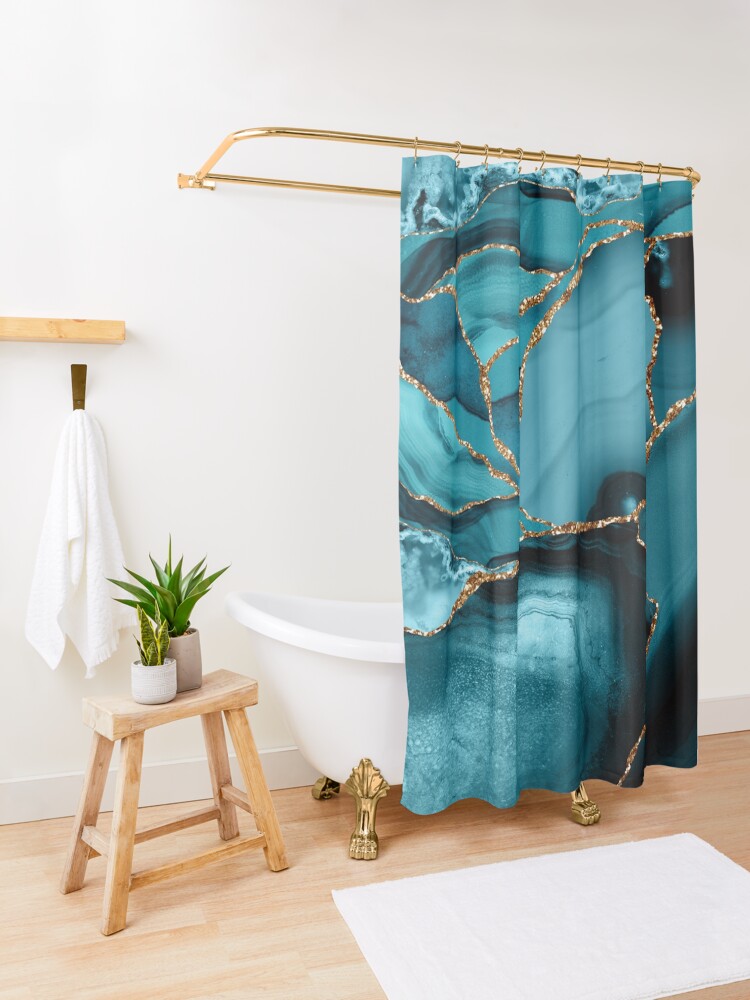 Alternate view of Teal And Gold Marble Landscape Waves Shower Curtain