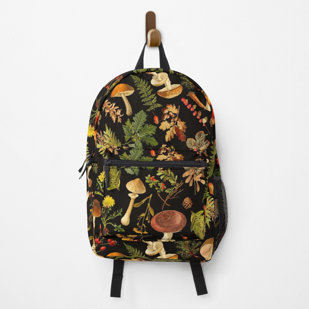 Vintage toxic mushrooms forest pattern on black Backpack