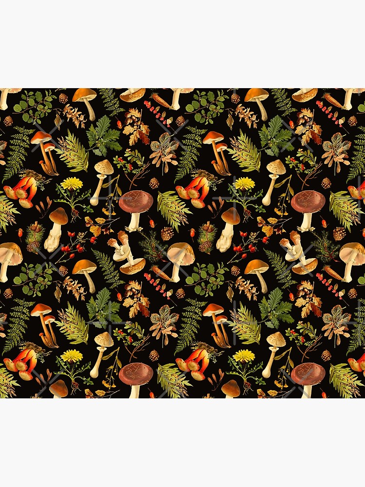 Vintage toxic mushrooms forest pattern on black by UtArt