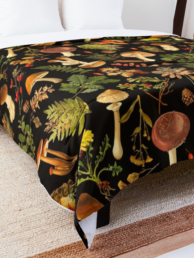 Alternate view of Vintage toxic mushrooms forest pattern on black Comforter