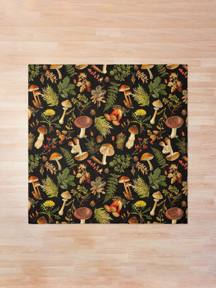 Alternate view of Vintage toxic mushrooms forest pattern on black Comforter
