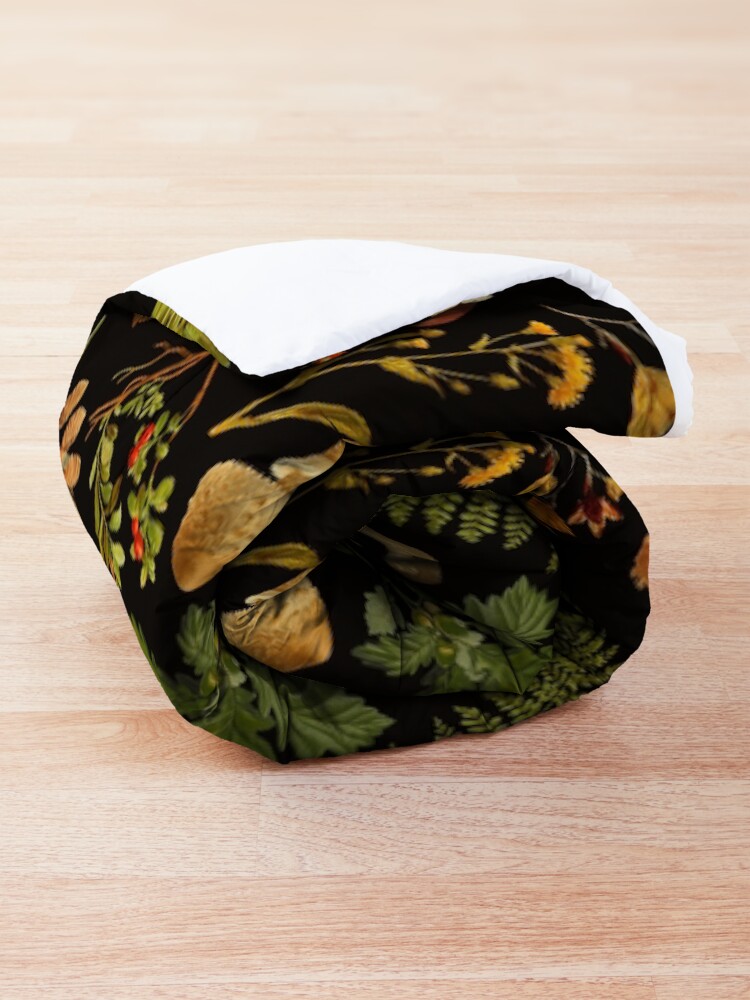 Alternate view of Vintage toxic mushrooms forest pattern on black Comforter