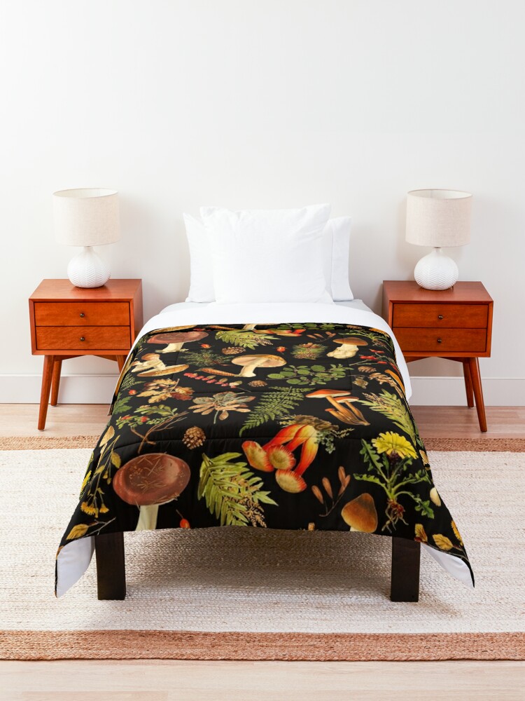 Alternate view of Vintage toxic mushrooms forest pattern on black Comforter