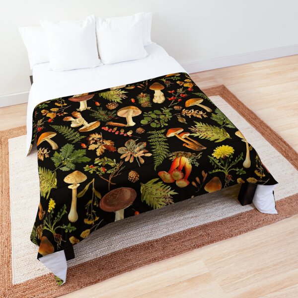 Vintage toxic mushrooms midnight forest pattern on black Botanical Night Garden Comforter