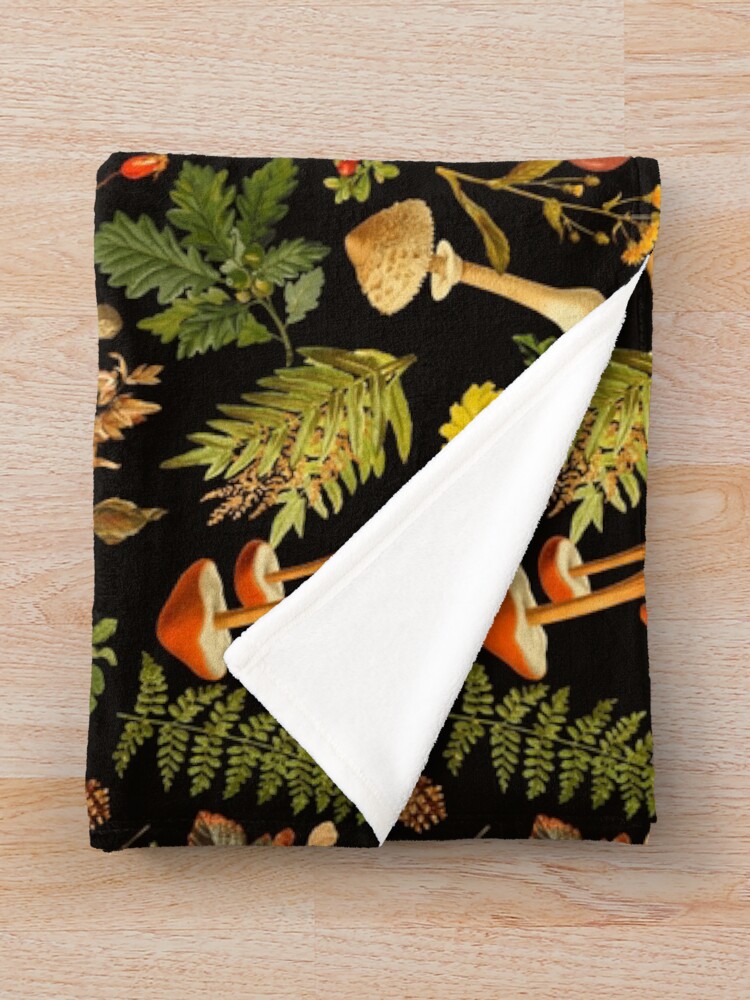 "Vintage toxic mushrooms forest pattern on black" Throw Blanket for