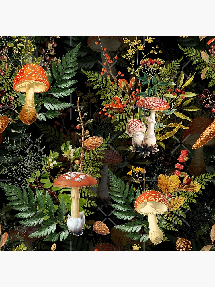 vintage toadstools in the forest on black by UtArt