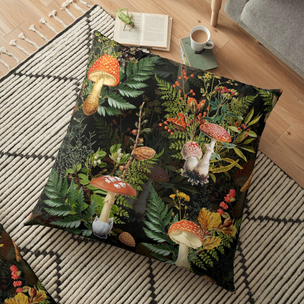 vintage toadstools in the forest on black Floor Pillow