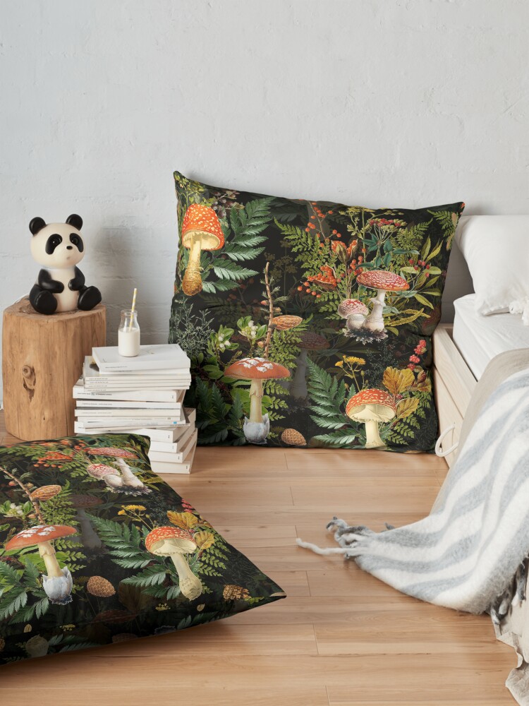 Alternate view of vintage toadstools in the forest on black Floor Pillow