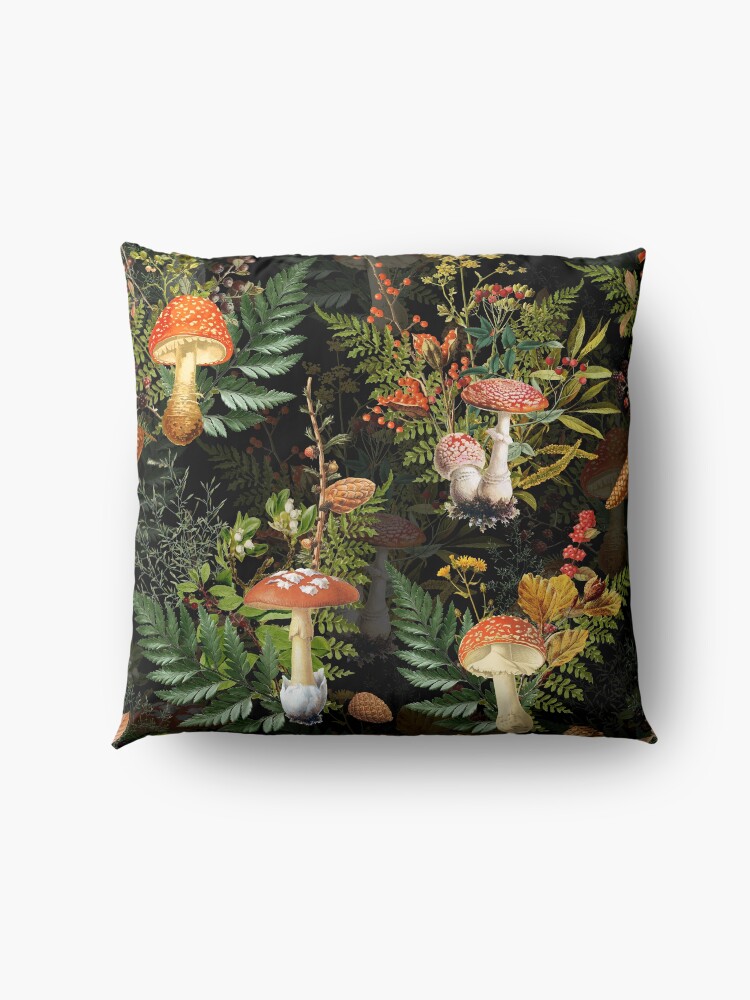 Alternate view of vintage toadstools in the forest on black Floor Pillow