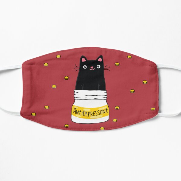 FUR ANTIDEPRESSANT . Cute black cat illustration. A gift for a pet lover. Flat Mask