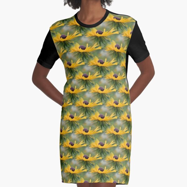 Soft Black Eyed Susan Flower Pattern Graphic T-Shirt Dress