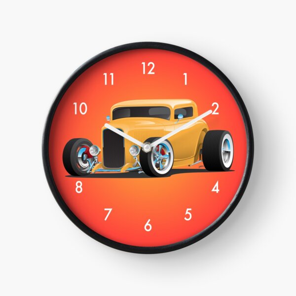 Classic American Yellow 32 Hotrod Car Illustration Clock