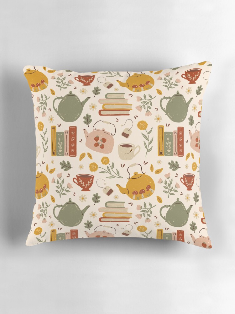 Thumbnail 3 of 4, Pillow, Flowery Books and Tea designed and sold by ohjessmarie.